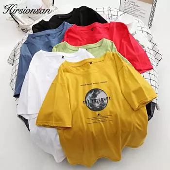 Хлопковая футболка с принтом Hirsionsan, женская летняя популярная футболка в стиле Харадзюку, корейские винтажные футболки для женщин, удобные свободные женские топы M белый
