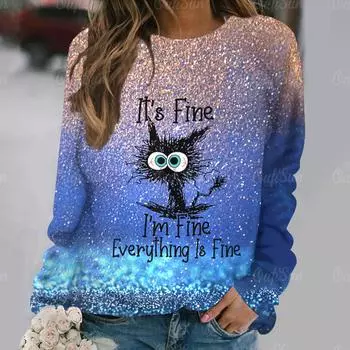 Хлопковая футболка с принтом котенка для женщин, пуловер в стиле Харадзюку с круглым вырезом, осенняя женская одежда большого размера с длинными рукавами, женская повседневная одежда 2XL