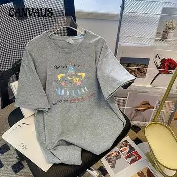 Хлопковая футболка с принтом, женская летняя футболка с коротким рукавом, свободные повседневные топы для пар больших размеров M белый