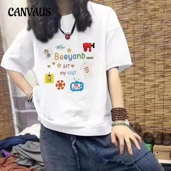 Хлопковая футболка с принтом, женская летняя футболка с коротким рукавом, свободные повседневные топы для пар больших размеров M тёмно-синий