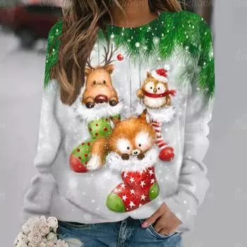 Хлопковая футболка с рисунком совы для женщин, топы с длинными рукавами в рождественском стиле, осенний пуловер большого размера с круглым вырезом, свитер в стиле Харадзюку 5XL