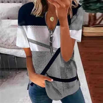 Модная футболка с v-образным вырезом, модная женская футболка 2024 года, летняя базовая футболка, повседневная свободная рубашка, футболка с короткими рукавами и принтом, верхняя одежда на молнии 25118 S синий