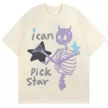 Хлопковая футболка со съемным принтом из пенопласта в виде звезд и черепом с мультяшными буквами и короткими рукавами. S бежевый