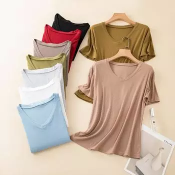 Хлопковая футболка в рубчик с v-образным вырезом, летние женские повседневные футболки с короткими рукавами, свободные футболки, однотонные базовые футболки L белый