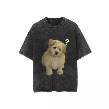 Хлопковая футболка в стиле острова Тин с круглым вырезом, обычной длины, с животным принтом, из вязаного полотна, с графикой собаки с винтажной стиркой S