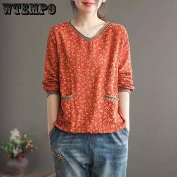 Хлопковая футболка в стиле ретро с цветочным принтом и v-образным вырезом, с длинными рукавами, женская свободная футболка большого размера на весну и осень XL жёлтый