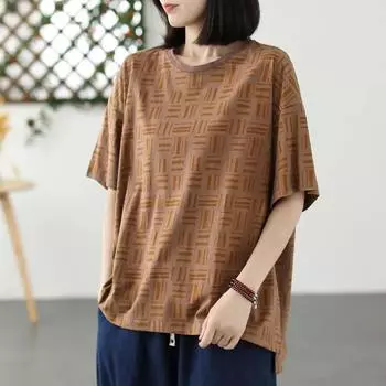 Хлопковая футболка женская, летняя, большие ярды, свободные топы с короткими рукавами, футболка с круглым вырезом и принтом