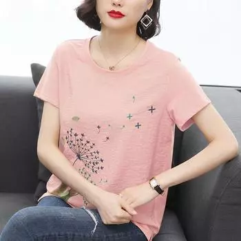 Хлопковая футболка, женская новая летняя рубашка с коротким рукавом, женская футболка с круглым вырезом, свободные женские рубашки в корейском стиле M розовый
