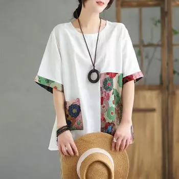 Хлопковая и льняная футболка больших размеров, женская, летняя, с короткими рукавами, женская, свободная, тонкая, повседневная, в стиле ретро, с цветным принтом на одежде L белый