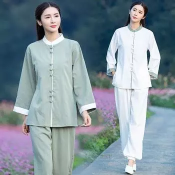 Хлопковая и льняная одежда для йоги, повседневный свободный костюм для тай-чи в китайском стиле из двух предметов L зелёный