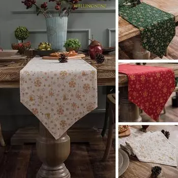 Хлопковая и льняная рождественская скатерть с золотым принтом снежинок, рождественская скатерть с колокольчиками на 4, 6, 8 мест 30x140cm зелёный