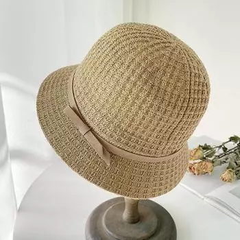 Хлопковая и льняная трикотажная шляпа-ведро, шляпа-цилиндр с бантом, весенняя шляпа для отдыха, женская простая повседневная шляпа с солнцезащитным кремом M56-58cm бежевый