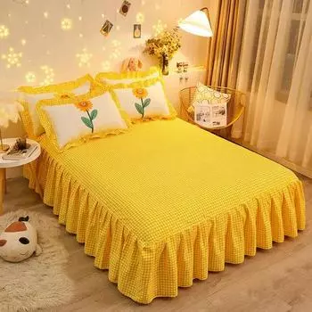 Хлопковая клетчатая юбка-кровать, утолщенное износостойкое покрывало на кровать, наволочка, комплект из трех предметов, противоскользящее и пыленепроницаемое покрывало 120x200cm bed skirt