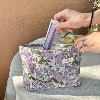 Хлопковая косметичка большой емкости с цветочным принтом, сумка для хранения косметики, бытовая косметичка с цветами Makeup Bag