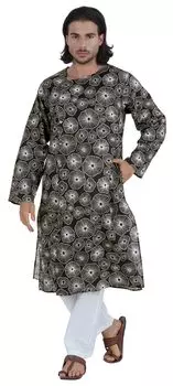 Хлопковая курта с принтом Atasi для мужской длинной рубашки с асимметричным вырезом в этническом стиле, индийская 3XL чёрный