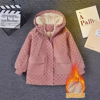 Хлопковая куртка для девочек осень и зима новая детская флисовая утолщенная средняя и для детей старшего возраста иностранного стиля средняя и длинная, чтобы преодолеть 120 recommended height 110cm хаки