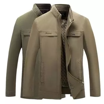 Хлопковая куртка для людей среднего и пожилого возраста. Свободная куртка из чистого хлопка. Воротник-стойка. Мужское пальто на весну и осень. Одежда для пап среднего возраста на весну и осень. 175 хаки