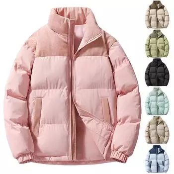 Хлопковая куртка для мужчин и женщин, вельветовая хлопковая куртка с воротником-стойкой, свободный пуховик большого размера, повседневная куртка S чёрный