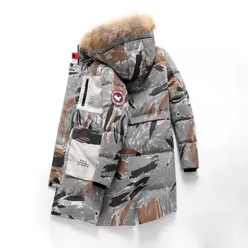 Хлопковая куртка Камуфляжная зимняя стеганая куртка средней длины с капюшоном и меховым воротником XXXXXXXXL чёрный