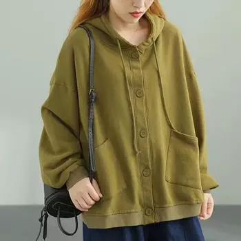 Хлопковая куртка-кардиган, женская осенняя толстовка с капюшоном, женская простая однотонная свободная повседневная куртка с карманами большого размера, топы