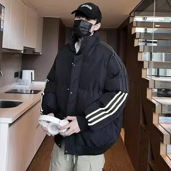 Хлопковая куртка, куртка из хлеба, теплая мужская куртка из хлопка, свободная куртка из хлопка с тремя полосками, повседневная куртка, мужская куртка из хлопка со стоячим воротником XXXL чёрный