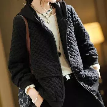 Хлопковая куртка размера плюс M-4XL, осенняя с капюшоном, свободный повседневный спортивный свитер, тонкая теплая однотонная куртка M чёрный