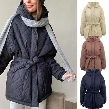 Хлопковая куртка с капюшоном. Куртка средней длины с хлопковой подкладкой. Теплая пуховая хлопковая куртка с ромбовидной сеткой. Большой размер. L коричневый