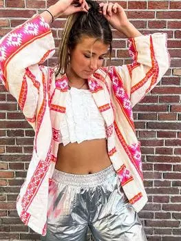 Хлопковая куртка с принтом для женщин, v-образный вырез, свободный женский кардиган с карманами, пальто 2023, осень-зима, повседневная шикарная женская верхняя одежда с длинными рукавами S