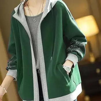 Хлопковая куртка-толстовка с капюшоном, женская осенняя свободная удобная повседневная универсальная однотонная куртка-кардиган с вышивкой M зелёный