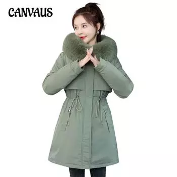 Хлопковая куртка женская большого размера средней длины с подкладкой парка хлопковая куртка зимняя куртка с талией M чёрный