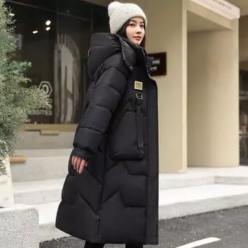 Хлопковая куртка женская длинная, зимняя утепленная до колен корейская версия свободного хлопкового пальто с капюшоном, женская универсальная хлопковая куртка пальто M чёрный