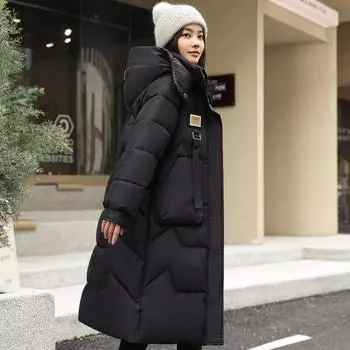 Хлопковая куртка женская длинная, зимняя утепленная до колен корейская версия свободного хлопкового пальто с капюшоном, женская универсальная хлопковая куртка пальто M белый