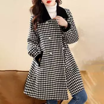 Хлопковая куртка, женская осенне-зимняя клетчатая твидовая утолщенная куртка средней длины, удобное повседневное универсальное пальто S чёрный