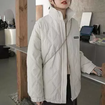 Хлопковая куртка, женская осенне-зимняя свободная и удобная повседневная однотонная куртка, универсальная белая куртка с ромбовидной решеткой S белый