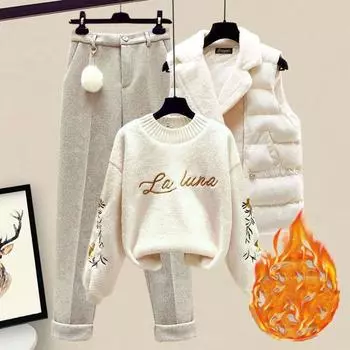 Хлопковая куртка, жилет, вязаный свитер с длинными рукавами, пуловер, шерстяные брюки, комплект из трех предметов, элегантные женские брюки S белый