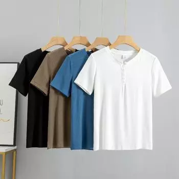 Хлопковая летняя женская футболка модного качества S-3XL с пуговицами, женская повседневная футболка с короткими рукавами, уютный дышащий топ XXL чёрный