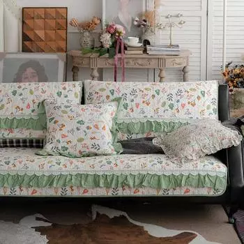 Хлопковая маленькая юбка с цветочным принтом, край диванной подушки, ткань, противоскользящая, романтическое серое деревенское кружево, кожаное полотенце для дивана на троих 70*70cm белый