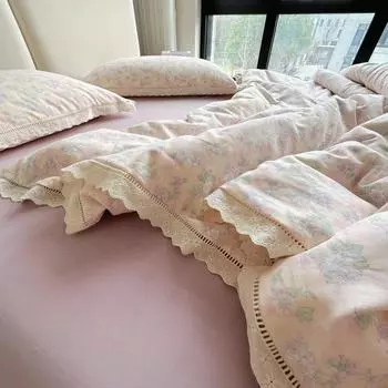 Хлопковая мятая пряжа кровать 4 предмета французский цветочный чистый хлопок кружево пододеяльник простыня 1.2 m 3pc quilt 1.5*2m