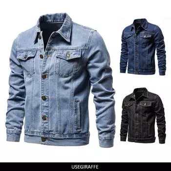 Хлопковая мужская джинсовая куртка, повседневная однотонная однобортная джинсовая куртка с лацканами, осеннее мужское пальто с длинным рукавом, топ S 55-65 kg чёрный
