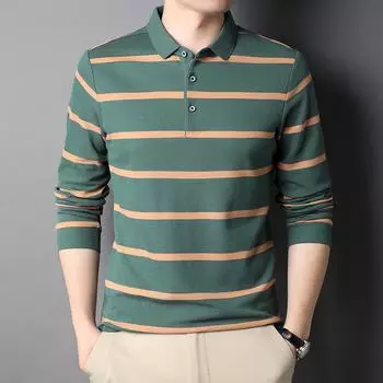 Хлопковая мужская футболка с длинным рукавом, осенний тренд, полосатая футболка, рубашка поло с воротником, одежда M