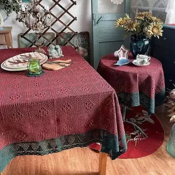 Хлопковая нить, выдолбленные красные, зеленые настольные флажки, зеленая кружевная кромка, декоративная скатерть, вязаная крючком клетчатая ткань с пыленепроницаемой тканью 45x180cm 1pcs