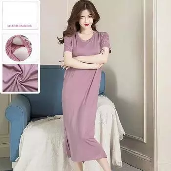 Хлопковая ночная рубашка с накладкой на грудь, женская летняя однотонная шикарная корейская повседневная свободная тонкая пижама, домашняя одежда, трендовое платье миди 2XL синий