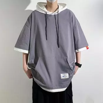 Хлопковая новая летняя мужская модная свободная одежда. Модная брендовая студенческая футболка с короткими рукавами. Топы с круглым вырезом. Рукав пять четвертей. Футболка с половиной рукавов.