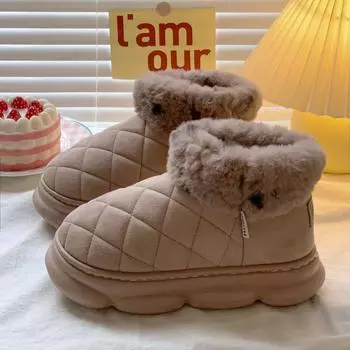 Хлопковая обувь на толстой подошве, зимние ботинки для хлеба, женские сумки, зимняя флисовая толстая нескользящая внешняя поверхность, мех и кожа, интегрированное тепло для домашнего использования 36 света кофе