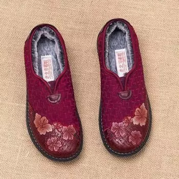 Хлопковая обувь женская на толстой подошве для мам теплые туфли утолщенные на плоской подошве для пожилых людей мягкая подошва нескользящая хлопковая обувь для пожилых женщин 35