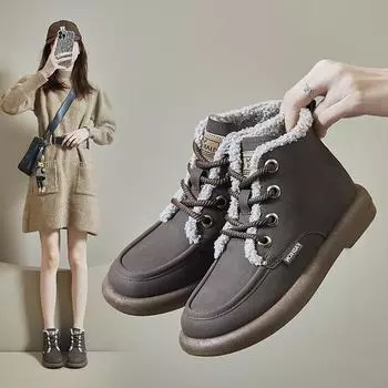 Хлопковая обувь женская зимняя 2024 года, новые бархатные теплые короткие ботинки, универсальные студенческие ботинки с плоской подошвой для отдыха на снегу для женщин 36 чёрный