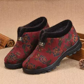 Хлопковая обувь женская зимняя бархатная утолщенная пожилая теплая обувь на мягкой подошве для бабушек плоская подошва нескользящая хлопковая обувь женская обувь для мам 35 красный