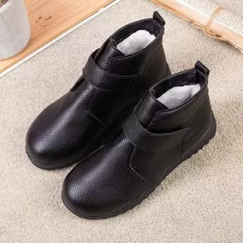 Хлопковая обувь, женская зимняя, новая, мягкая, кожаная, для женщин среднего и пожилого возраста, утолщенная и фланелевая, хлопковая, короткие, с плоской подошвой, легкая 35 чёрный