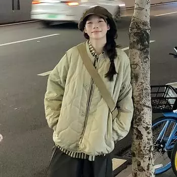 Хлопковая одежда Cangzhou изготовлена из хлопка и не допускает образования комков.. Осенняя новая куртка с ромбом из тонкой хлопчатобумажной ткани в стиле ленивого ветра S