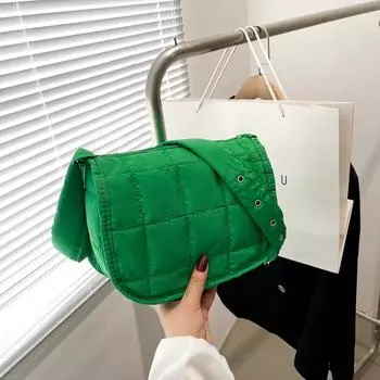 Хлопковая одежда маленькая сумка 2024 осень новая клетчатая вышитая нить подмышечная сумка пуховик простая однотонная ретро сумка через плечо чёрный